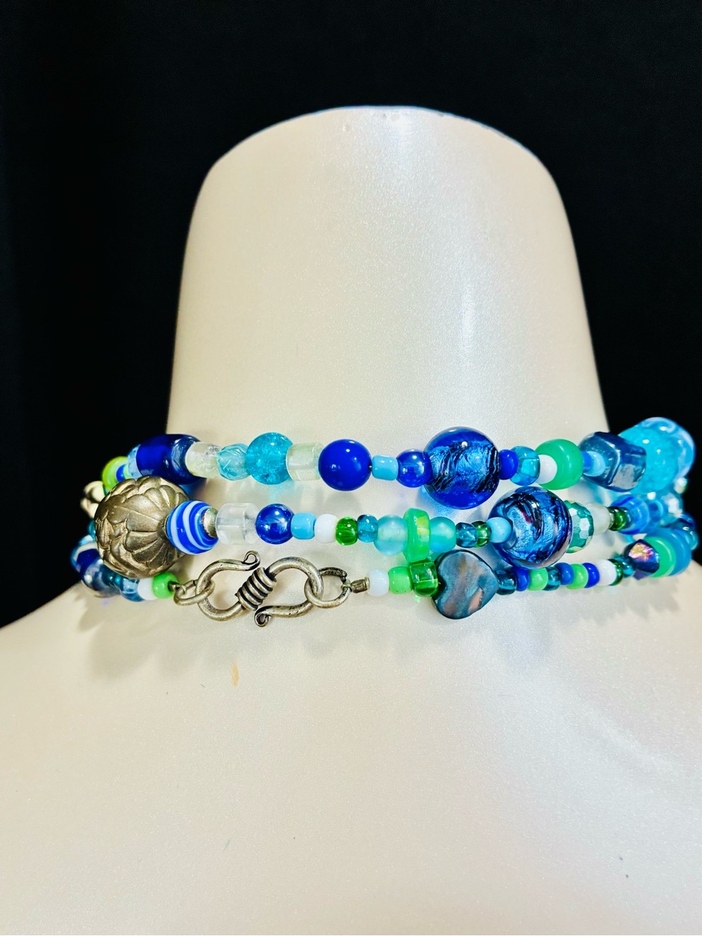Handmade Blue & Green Beaded Necklace with Floral Accents - Picture 12 of 15